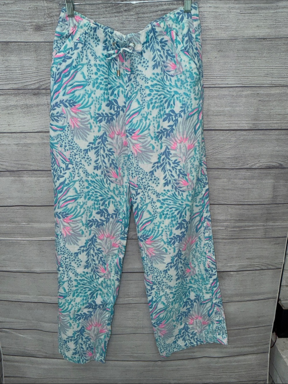 Lilly Pulitzer Lagoon Linen Blue, Pink & Teal Tropical Print Drawstring Trousers